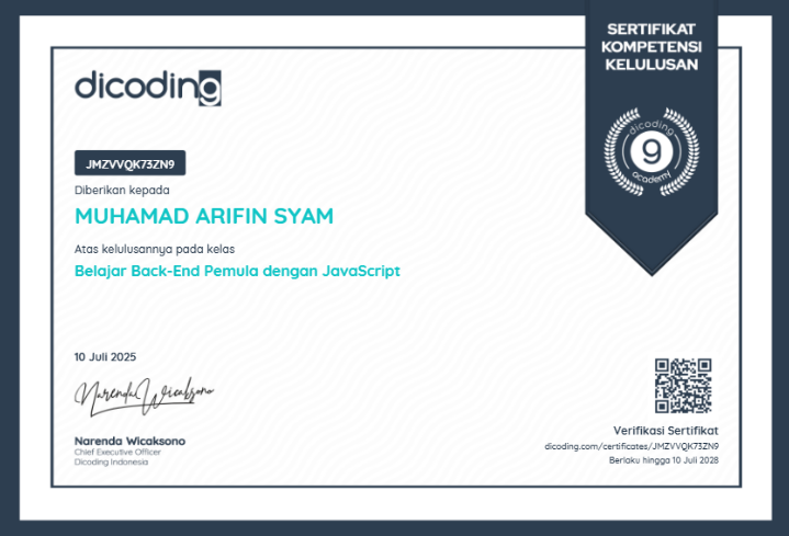 Sertifikat Belajar Back-End Pemula